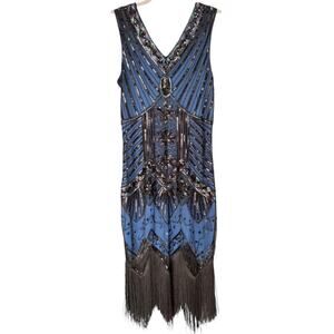 1920s Gatsby Flapper Dress Women’s S Blue Black Beaded Sequin Fringe Art Deco
